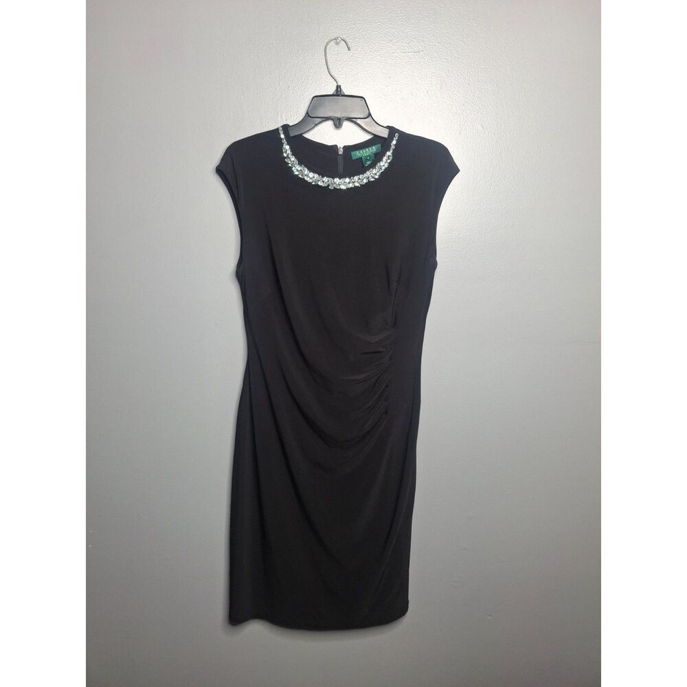LRL Black Ruched Sheath Dress 12 Rhinestone Crystal Neckline GlamHolidayPartyMob